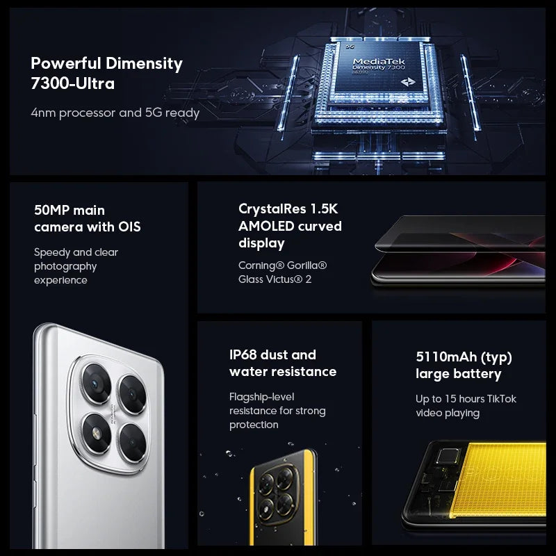 Global Version POCO X7 Smartphone Dimensity 7300-Ultra 6.67"120Hz AMOLED Display 45W 5110mAh 50MP Camera IP68 Xiaomi HyperOS NFC