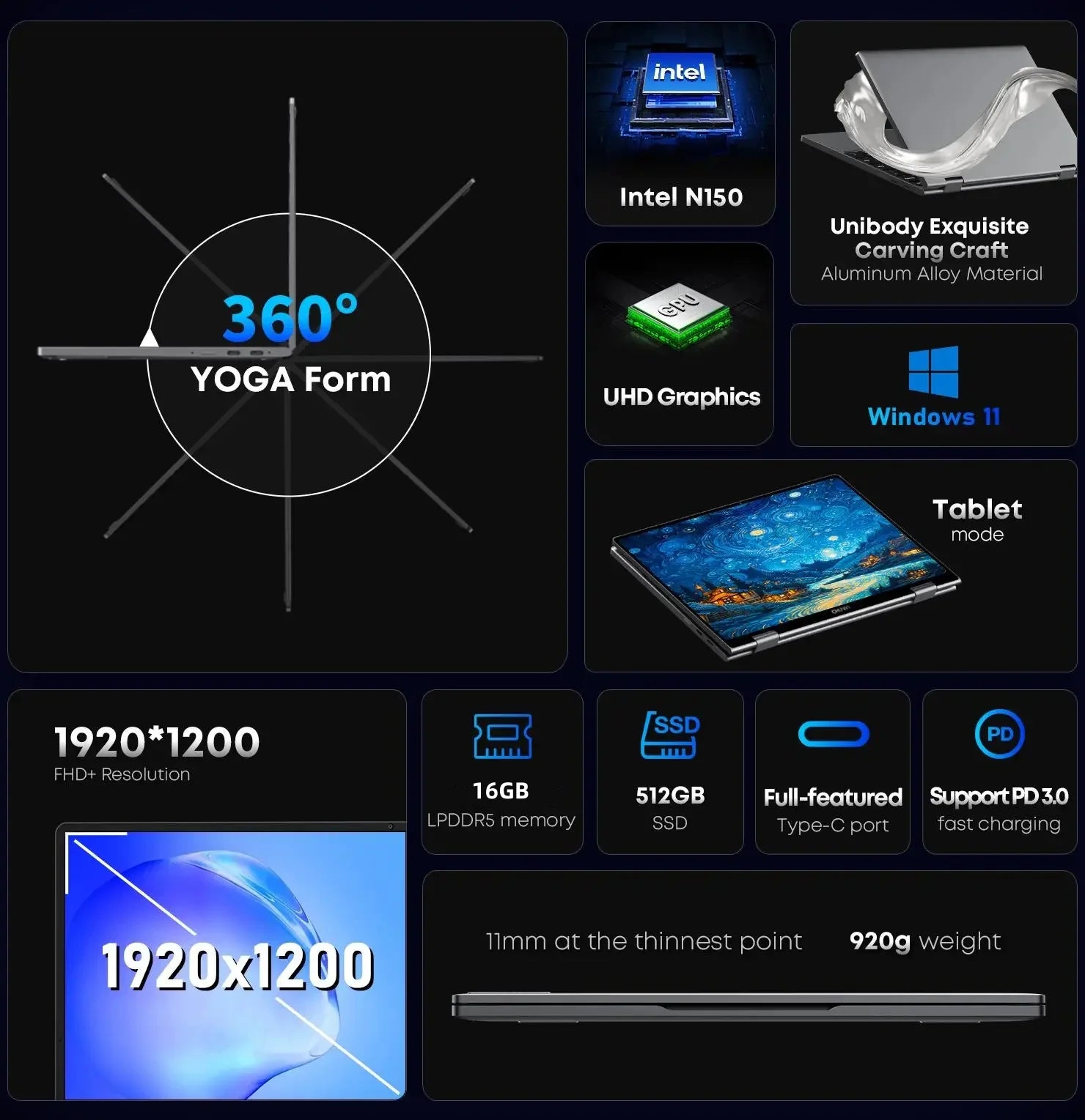 CHUWI MiniBook X 2 in 1 Laptop Intel N150(up to 3.6GHz) 512GB ROM 16GB LPDDR5 10.51" 1200x1920 FHD IPS Windows 11 Notebook